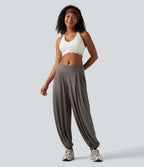 High Waisted Crossover Yoga Balloon Trousers with Pockets — Earthwood Brown — view 8
