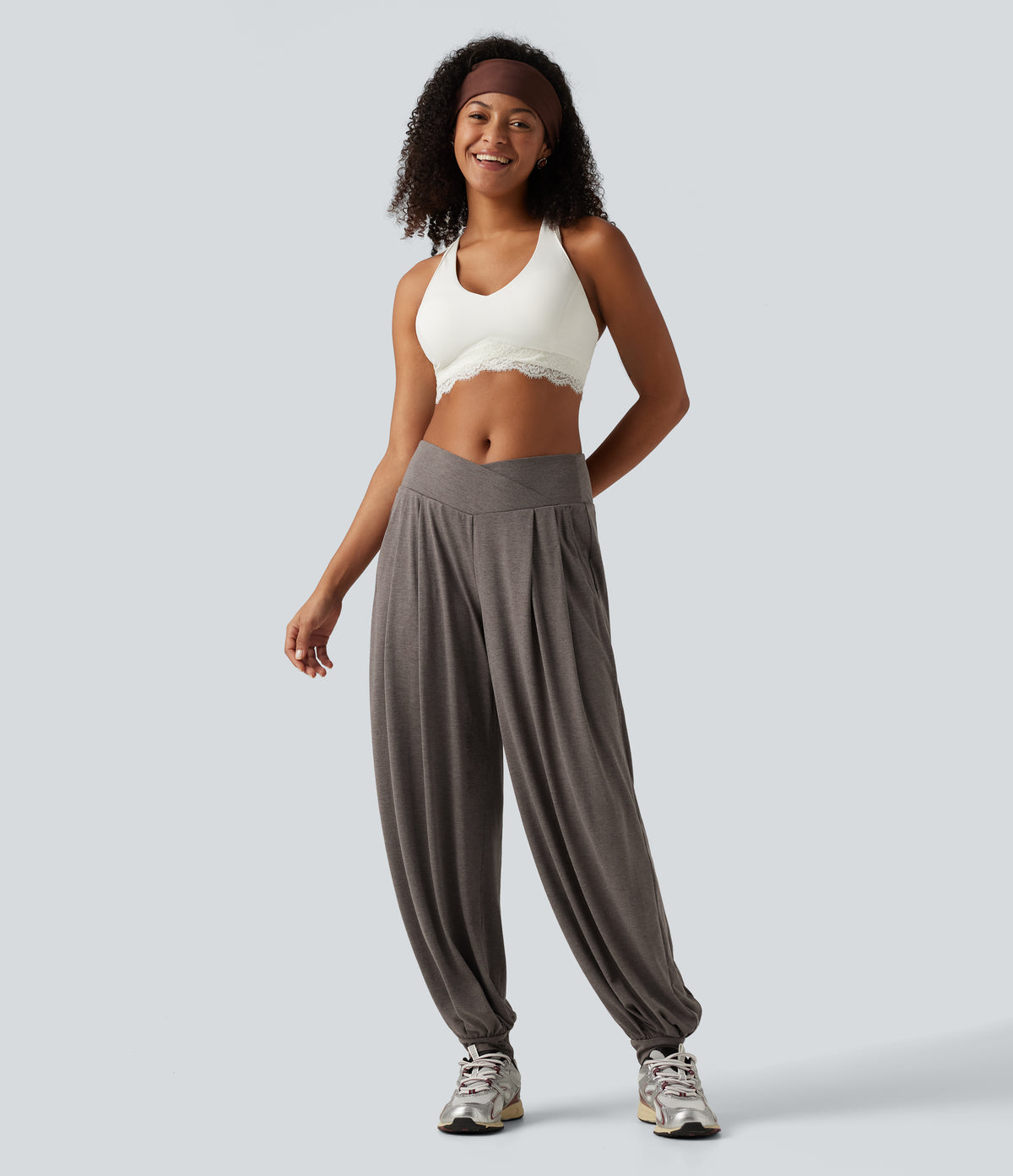 High Waisted Crossover Yoga Balloon Trousers with Pockets — Earthwood Brown — view 8