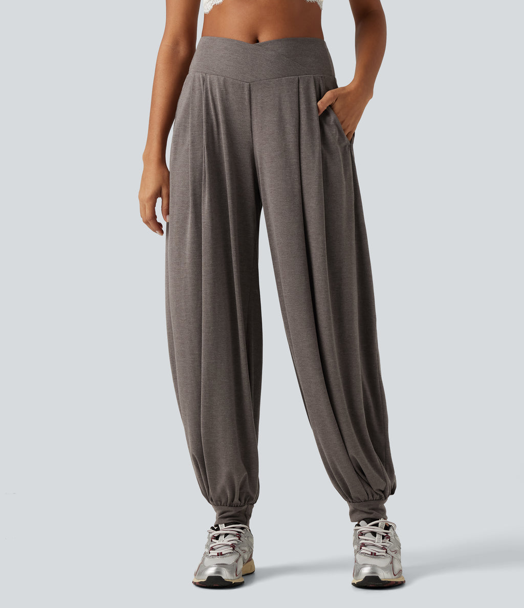 High Waisted Crossover Yoga Balloon Trousers with Pockets — Earthwood Brown — view 1