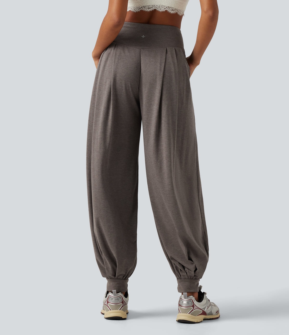 High Waisted Crossover Yoga Balloon Trousers with Pockets — Earthwood Brown — view 2