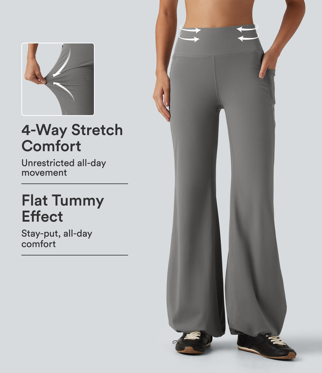 High Waisted Tummy Control Gathered Hem Yoga Trousers with Pockets — Silent Storm — view 1