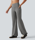High Waisted Tummy Control Gathered Hem Yoga Trousers with Pockets — Silent Storm — view 3