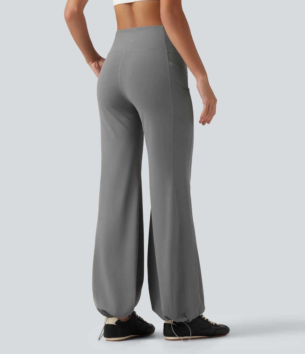 High Waisted Tummy Control Gathered Hem Yoga Trousers with Pockets — Silent Storm — view 2