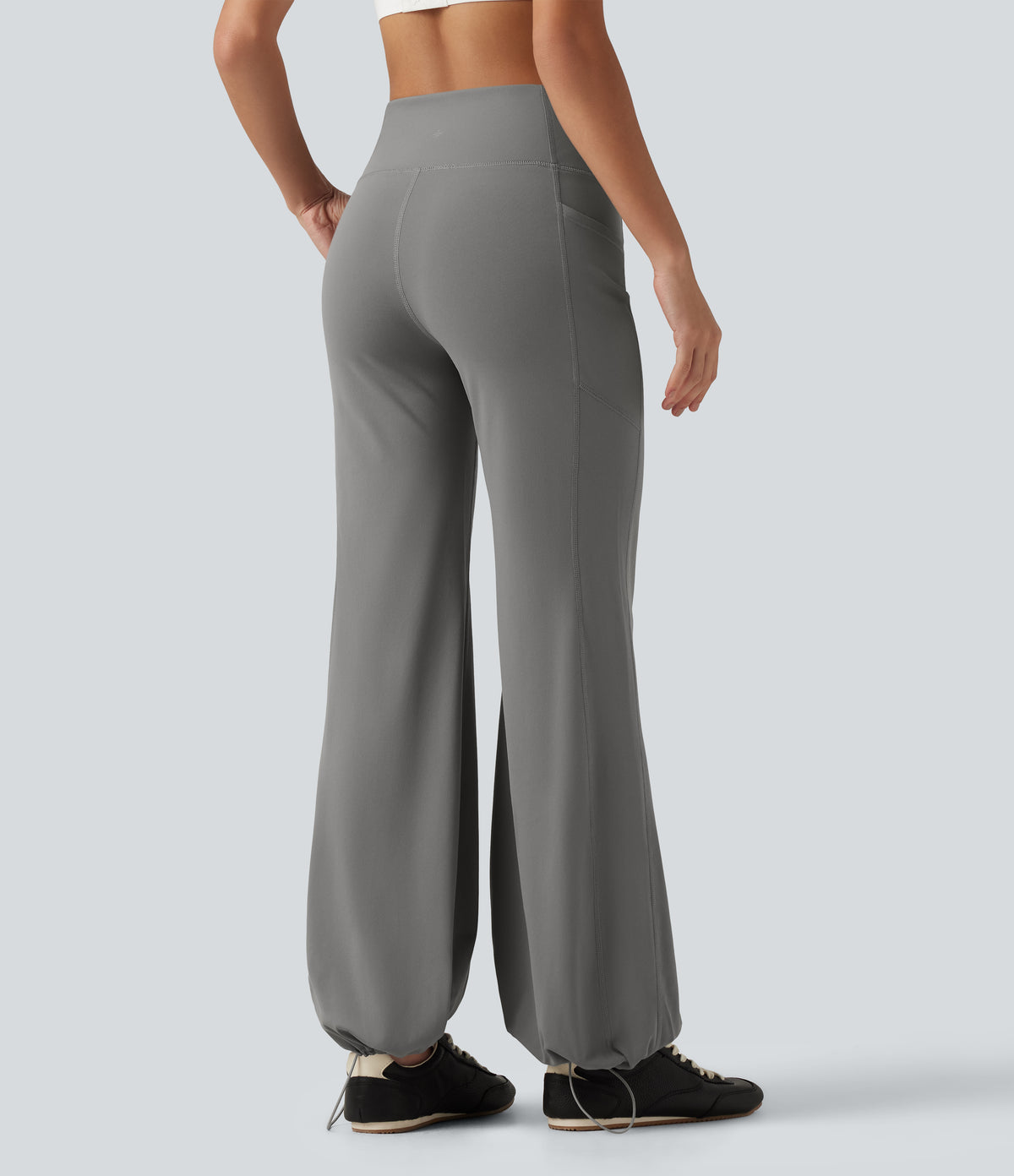 High Waisted Tummy Control Gathered Hem Yoga Trousers with Pockets — Silent Storm — view 2