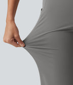 High Waisted Tummy Control Gathered Hem Yoga Trousers with Pockets — Silent Storm — view 7