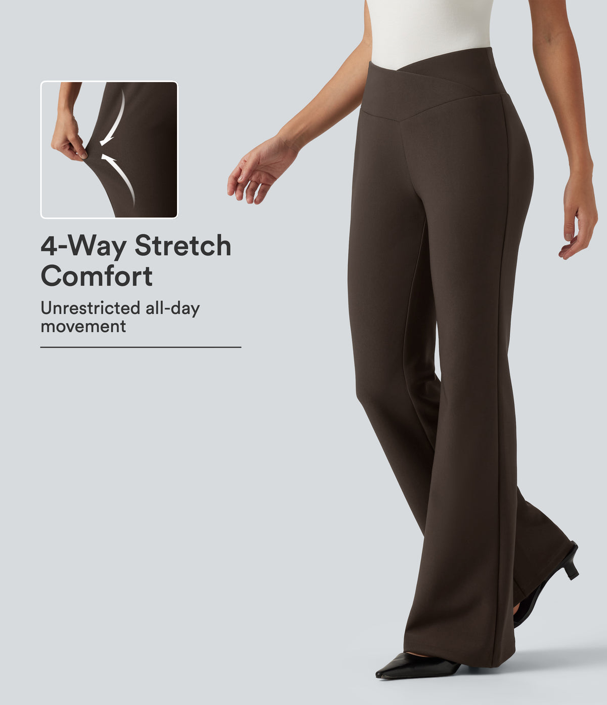 High Waisted Crossover Flare Work Trousers — Chestvale Brown — view 1