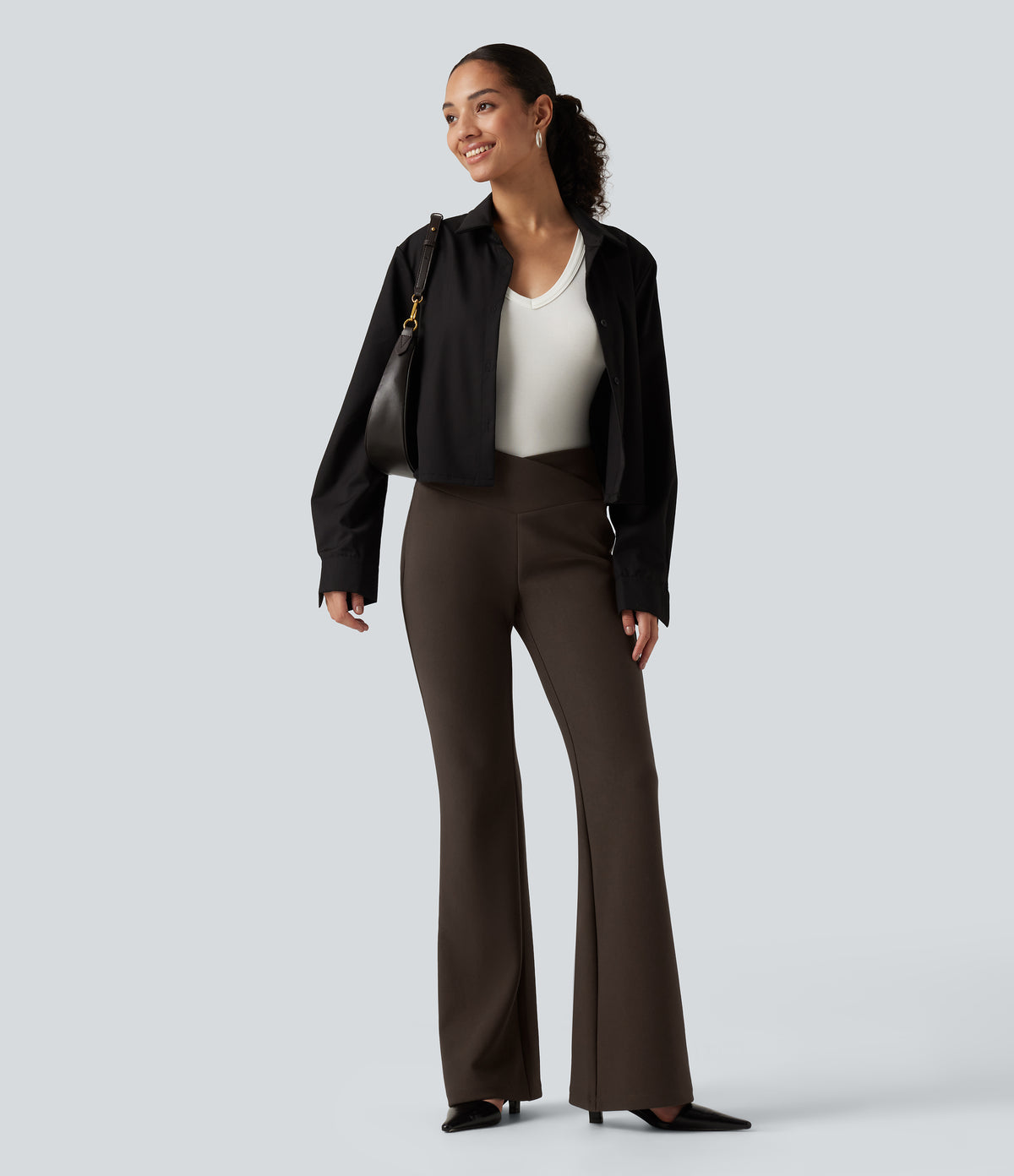 High Waisted Crossover Flare Work Trousers — Chestvale Brown — view 7