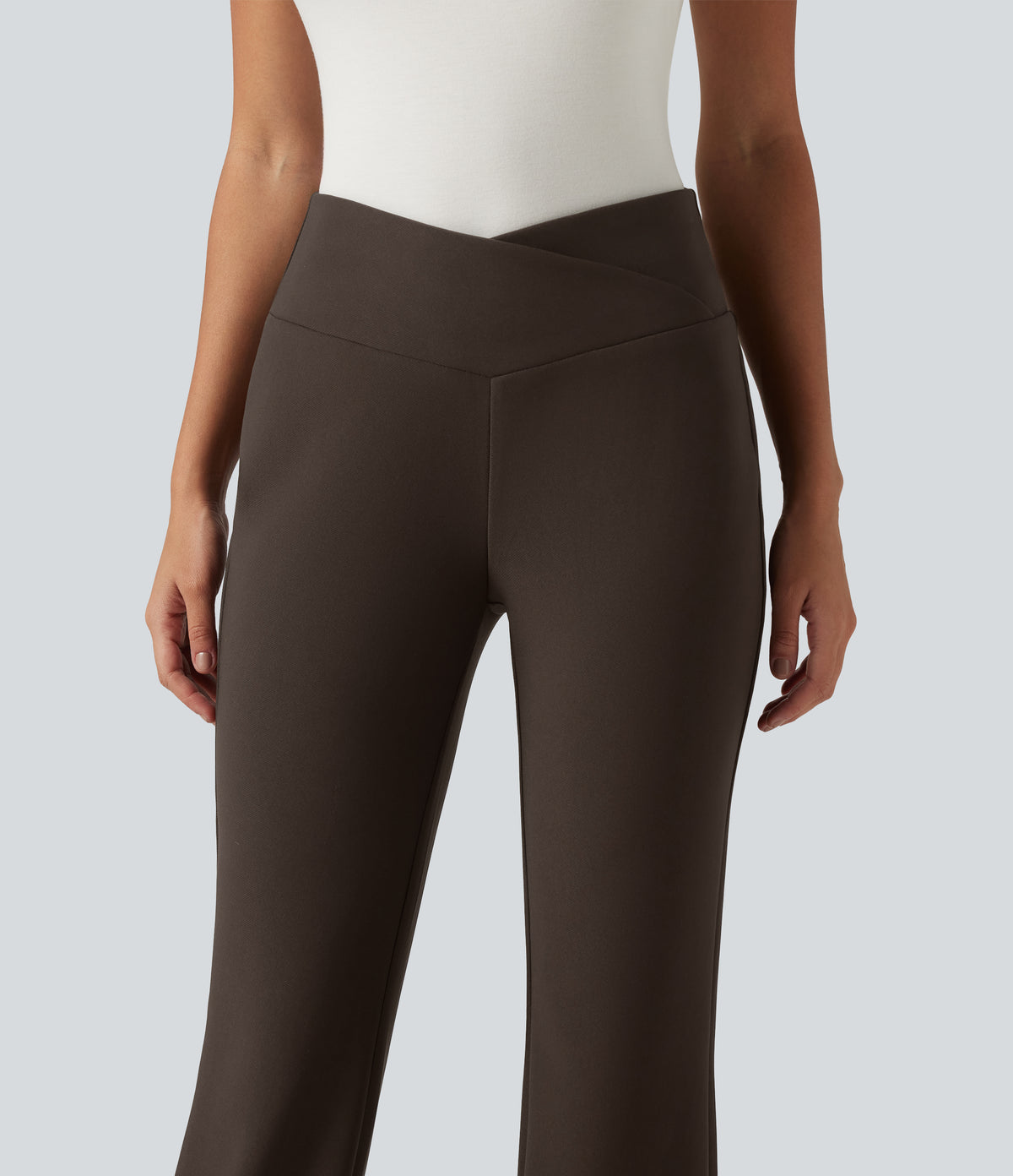 High Waisted Crossover Flare Work Trousers — Chestvale Brown — view 5
