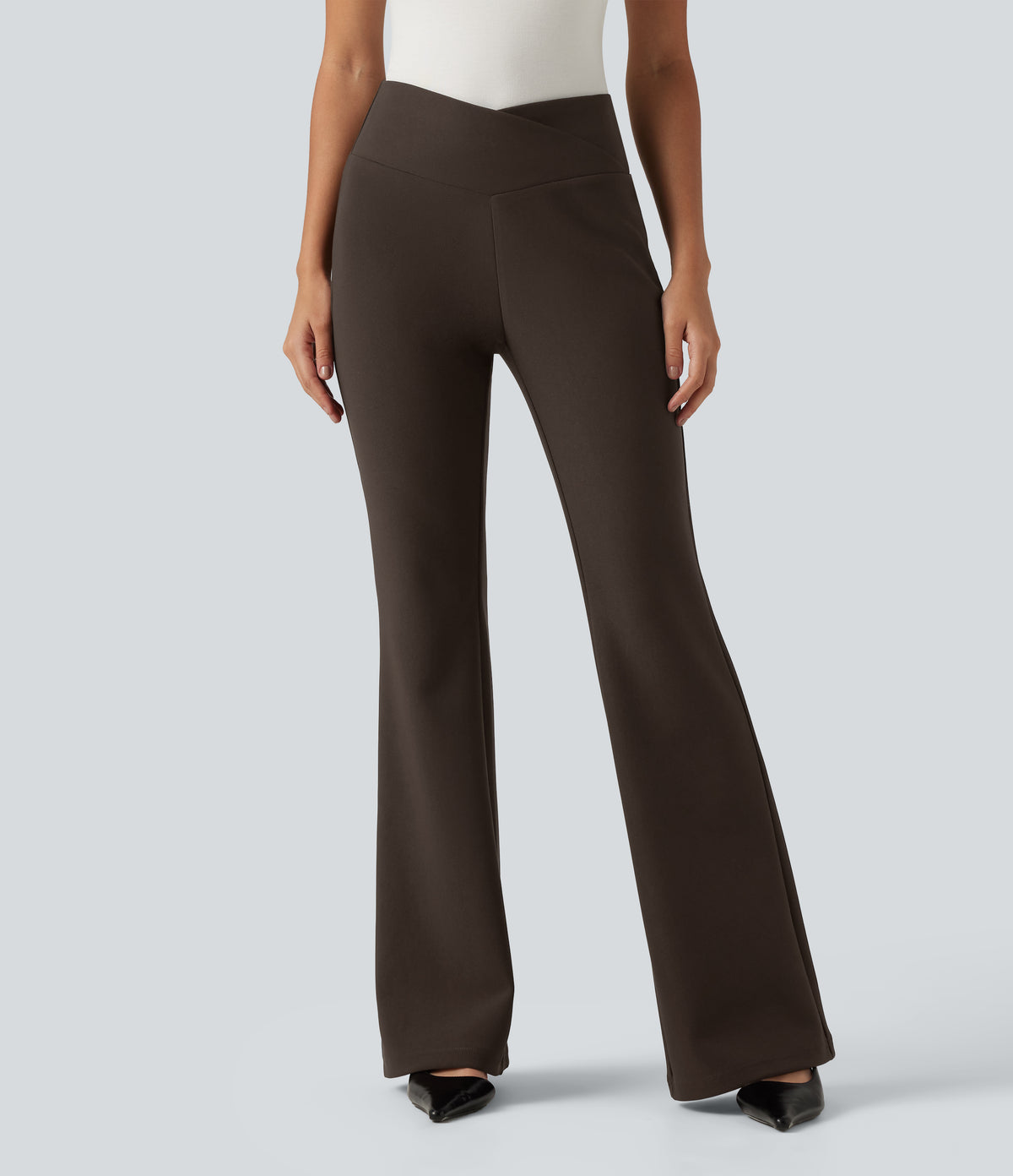 High Waisted Crossover Flare Work Trousers — Chestvale Brown — view 3