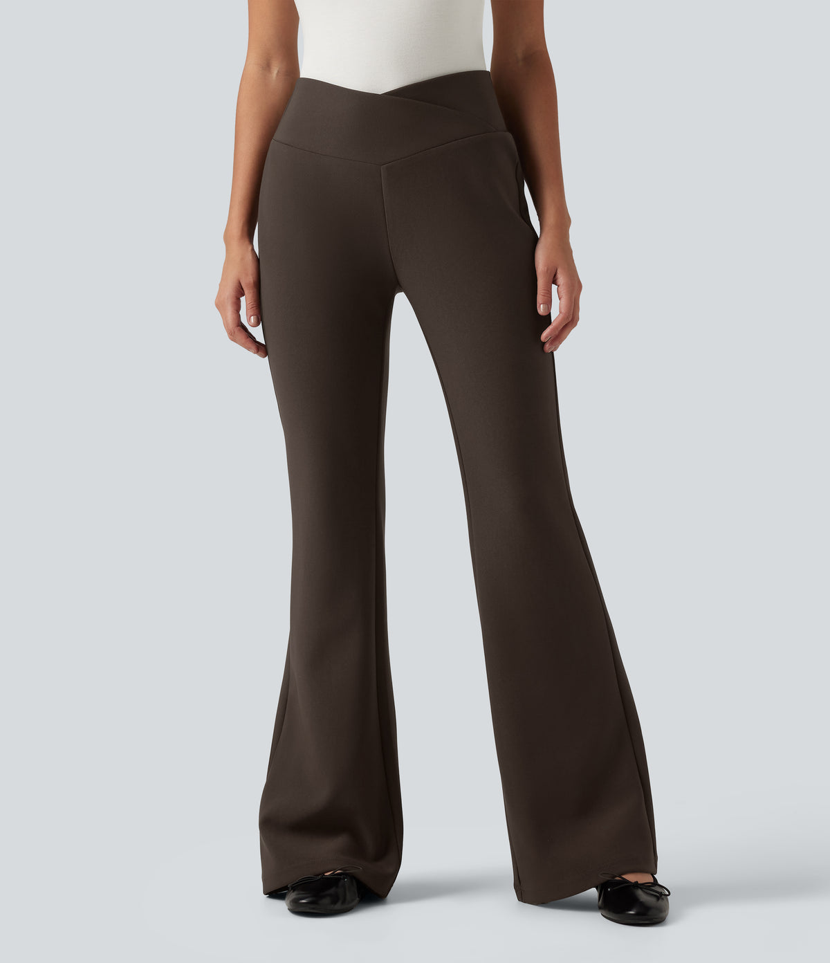 High Waisted Crossover Flare Work Trousers — Chestvale Brown — view 4