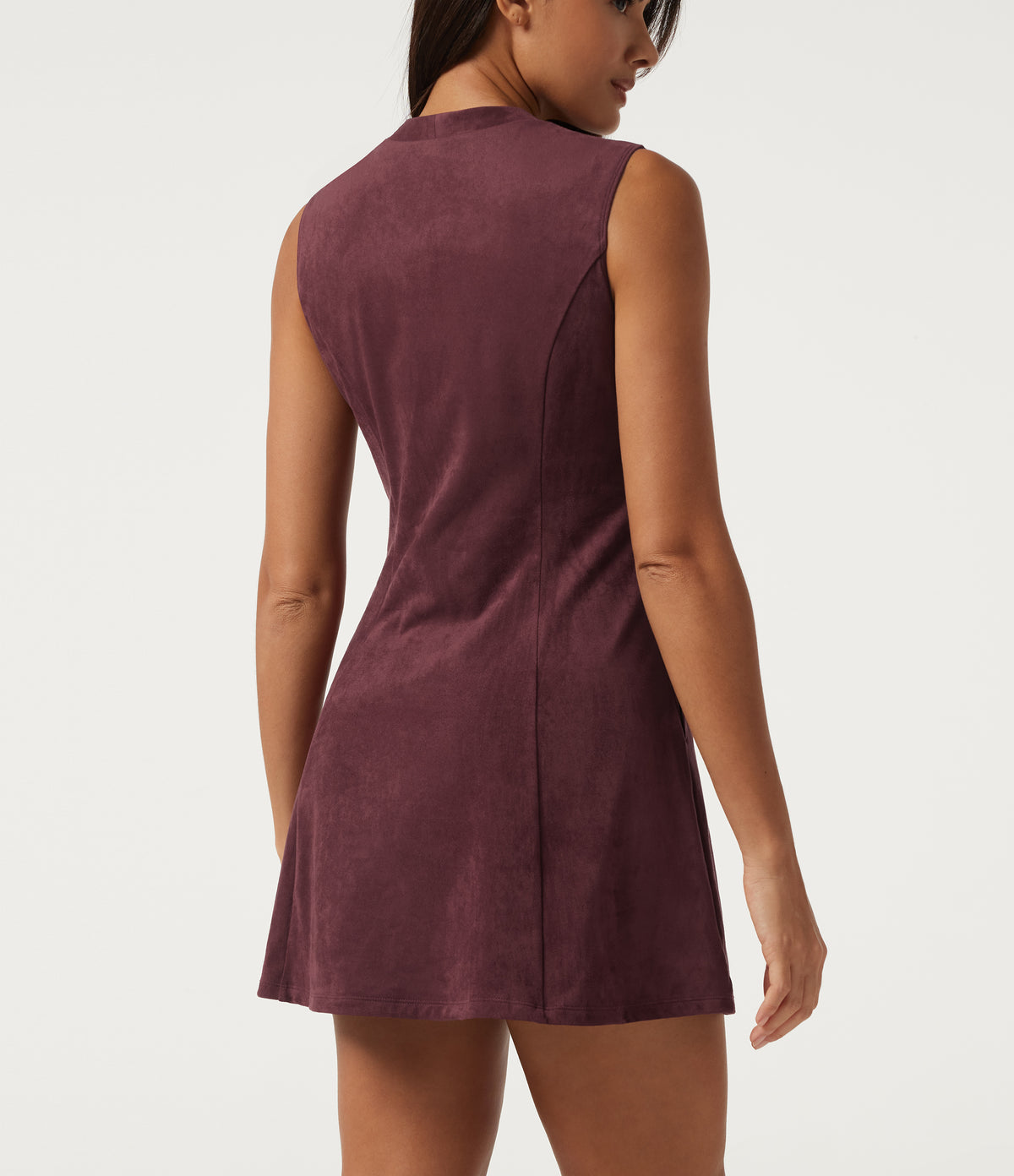 A-Line Sleeveless Suede Mini Casual Dress with Pockets — Chocolate Truffle — view 6