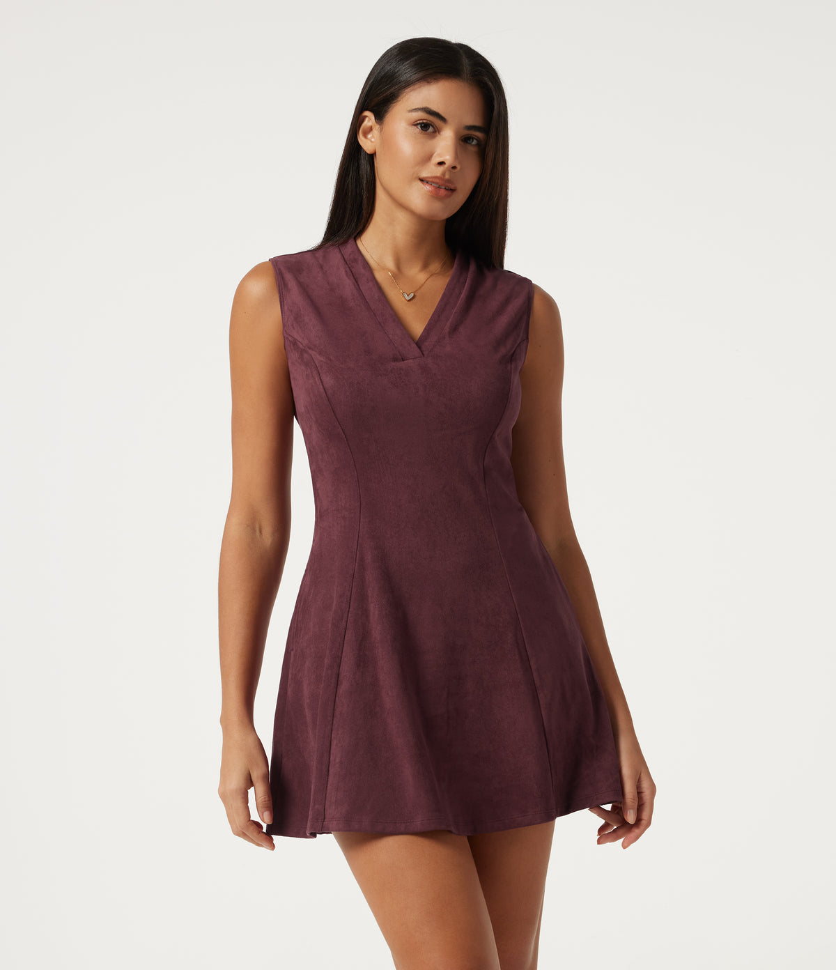 A-Line Sleeveless Suede Mini Casual Dress with Pockets — Chocolate Truffle — view 5