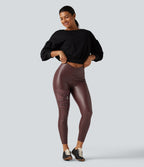 High Waisted Crossover Tummy Control Stretchy PU Fleece Casual Leggings with Pockets — Andorra — view 7