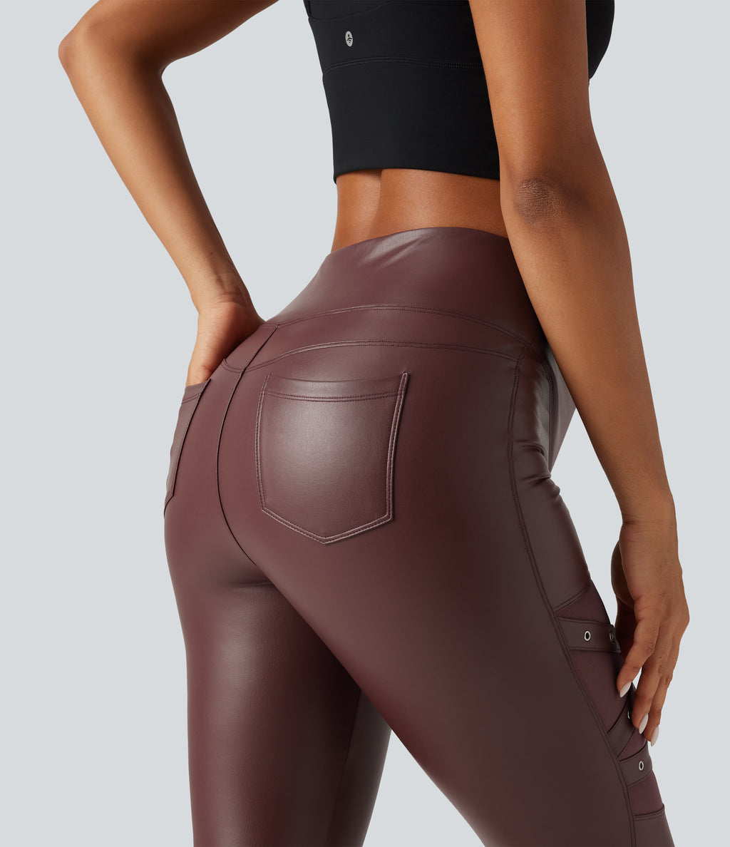 High Waisted Crossover Tummy Control Stretchy PU Fleece Casual Leggings with Pockets — Andorra — view 6