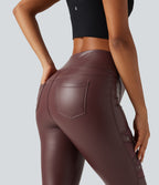 High Waisted Crossover Tummy Control Stretchy PU Fleece Casual Leggings with Pockets — Andorra — view 6