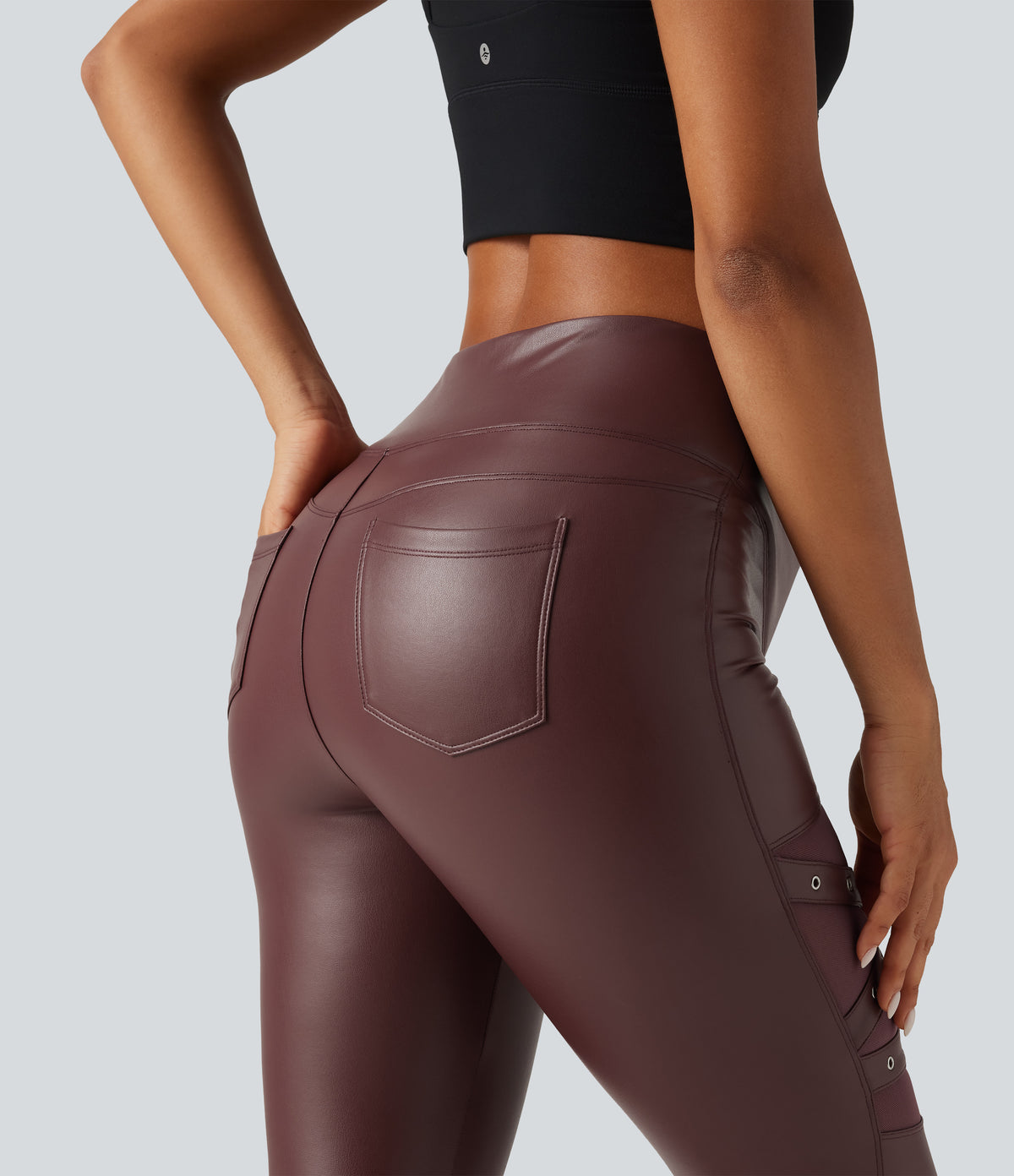 High Waisted Crossover Tummy Control Stretchy PU Fleece Casual Leggings with Pockets — Andorra — view 6