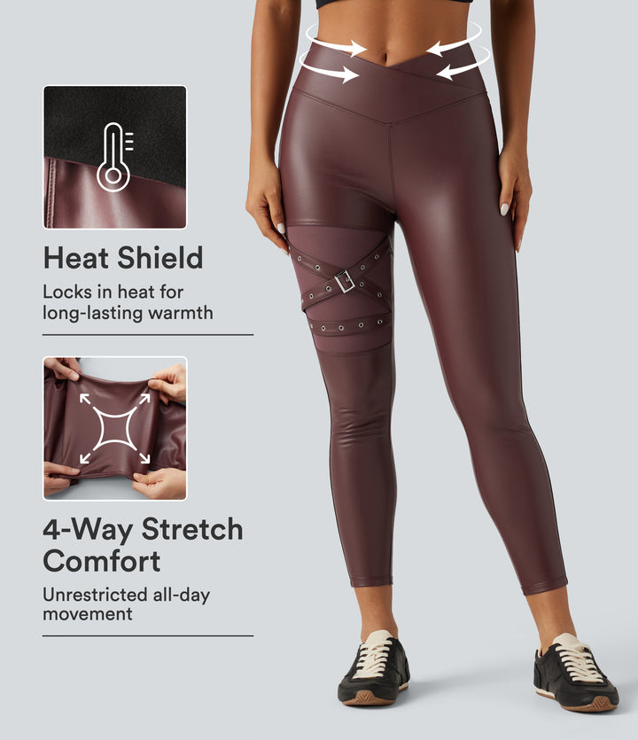 High Waisted Crossover Tummy Control Stretchy PU Fleece Casual Leggings with Pockets — Andorra — view 1