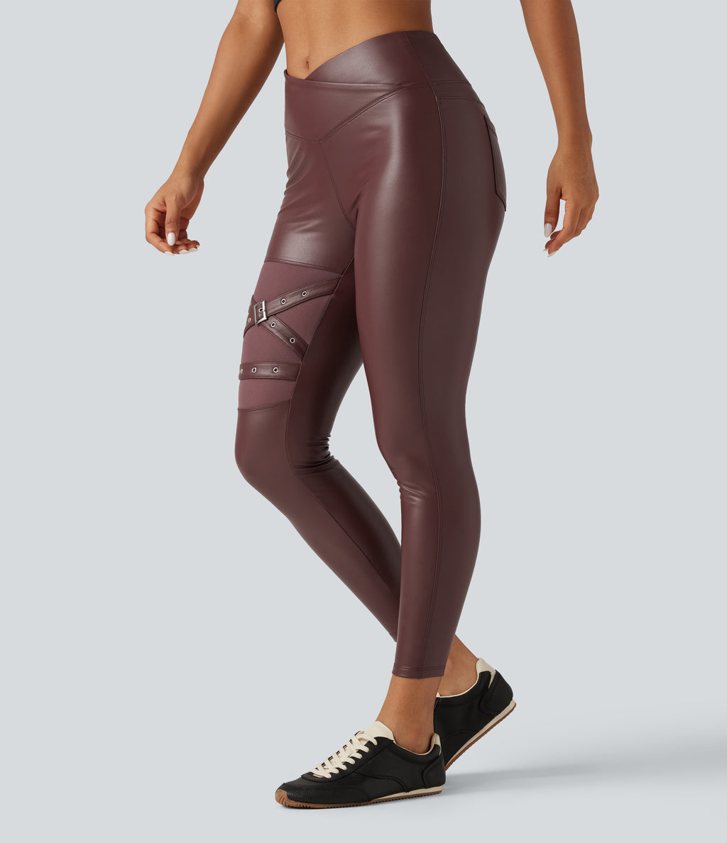 High Waisted Crossover Tummy Control Stretchy PU Fleece Casual Leggings with Pockets — Andorra — view 3