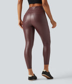 High Waisted Crossover Tummy Control Stretchy PU Fleece Casual Leggings with Pockets — Andorra — view 2