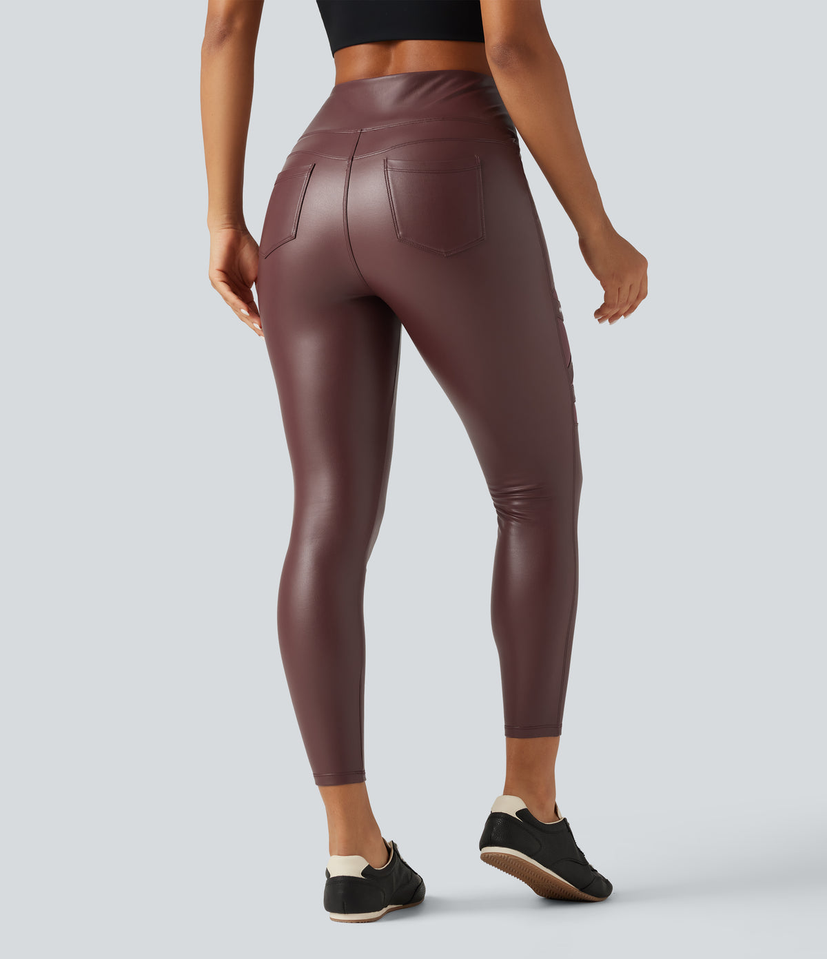 High Waisted Crossover Tummy Control Stretchy PU Fleece Casual Leggings with Pockets — Andorra — view 2