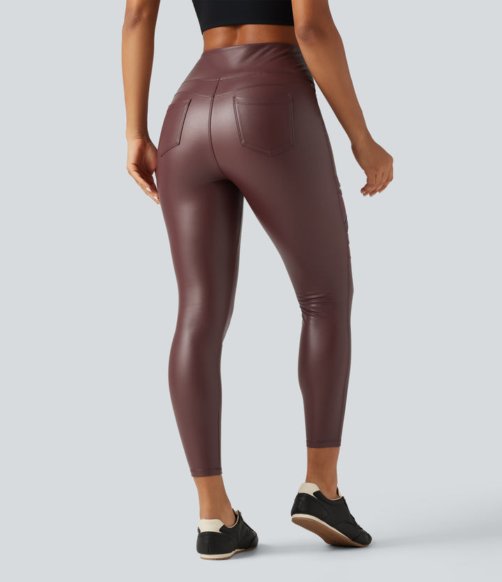 High Waisted Crossover Tummy Control Stretchy PU Fleece Casual Leggings with Pockets — Andorra — view 2