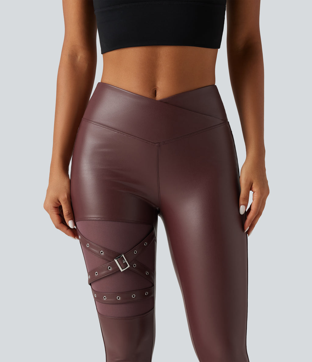 High Waisted Crossover Tummy Control Stretchy PU Fleece Casual Leggings with Pockets — Andorra — view 5