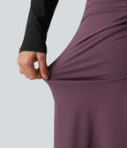 High Waisted Crossover Ruched Maxi Casual Mermaid Skirt — Plum Wine — view 5
