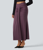 High Waisted Crossover Ruched Maxi Casual Mermaid Skirt — Plum Wine — view 3