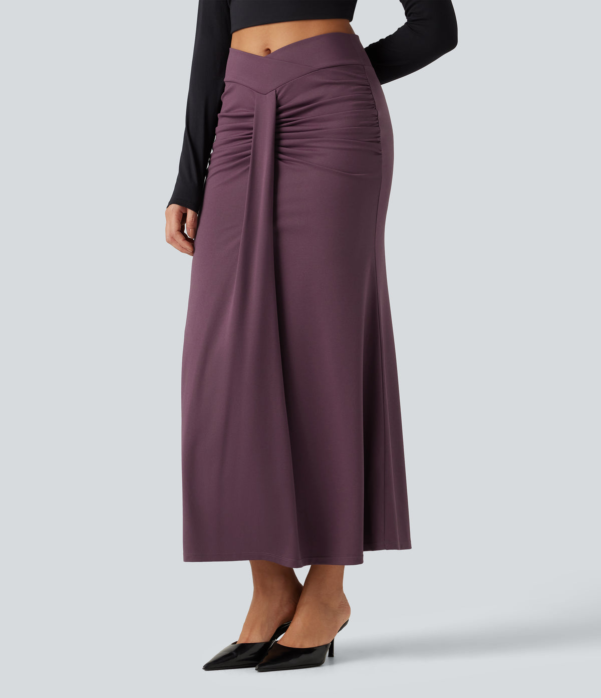 High Waisted Crossover Ruched Maxi Casual Mermaid Skirt — Plum Wine — view 3