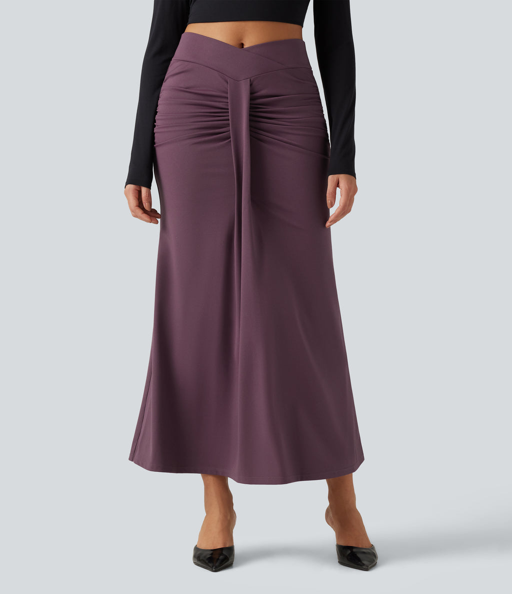 High Waisted Crossover Ruched Maxi Casual Mermaid Skirt — Plum Wine — view 1