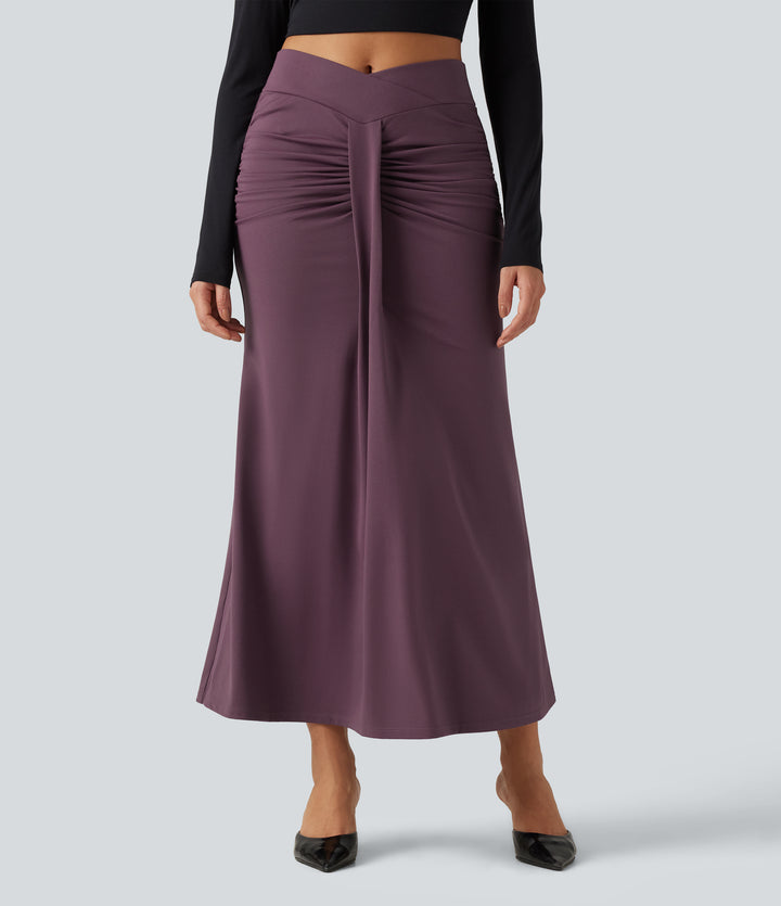 High Waisted Crossover Ruched Maxi Casual Mermaid Skirt — Plum Wine — view 1