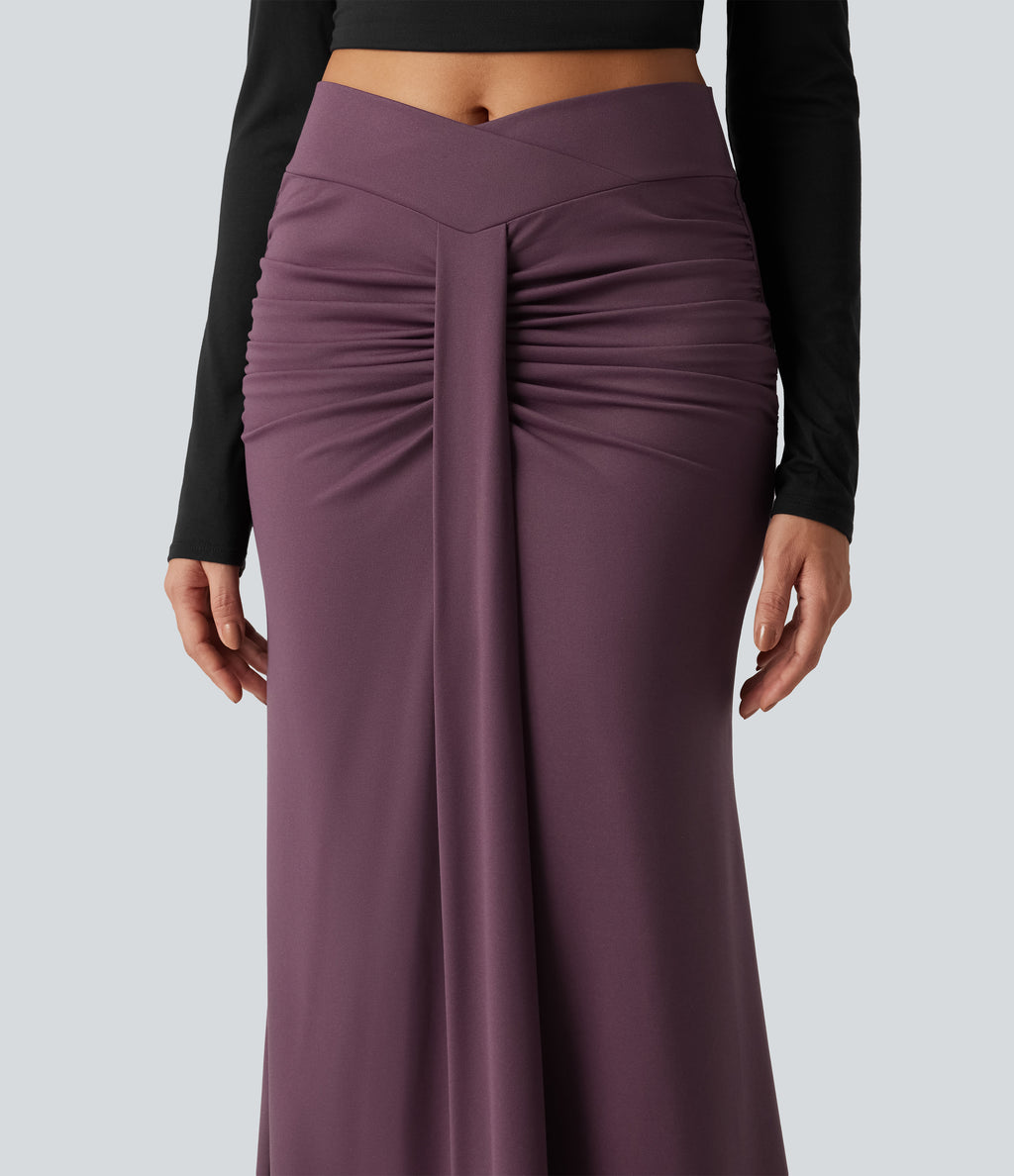 High Waisted Crossover Ruched Maxi Casual Mermaid Skirt — Plum Wine — view 6