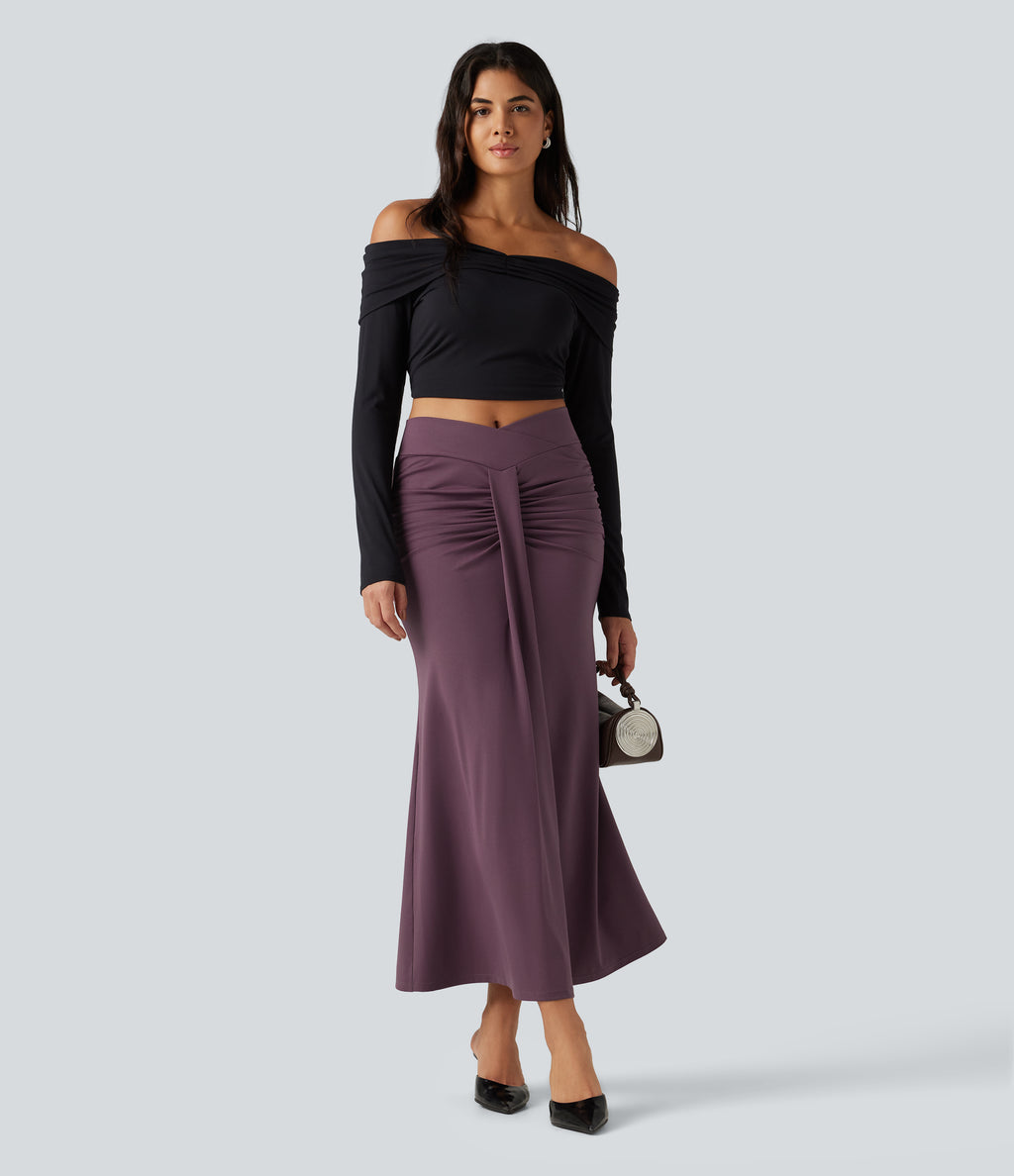 High Waisted Crossover Ruched Maxi Casual Mermaid Skirt — Plum Wine — view 4