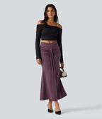 High Waisted Crossover Ruched Maxi Casual Mermaid Skirt — Plum Wine — view 4