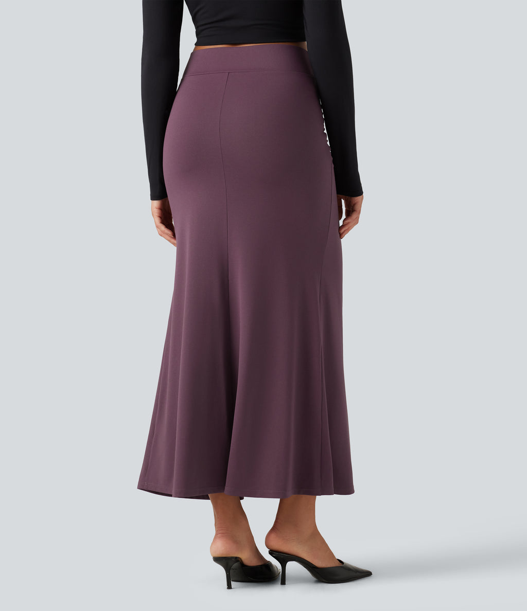 High Waisted Crossover Ruched Maxi Casual Mermaid Skirt — Plum Wine — view 2