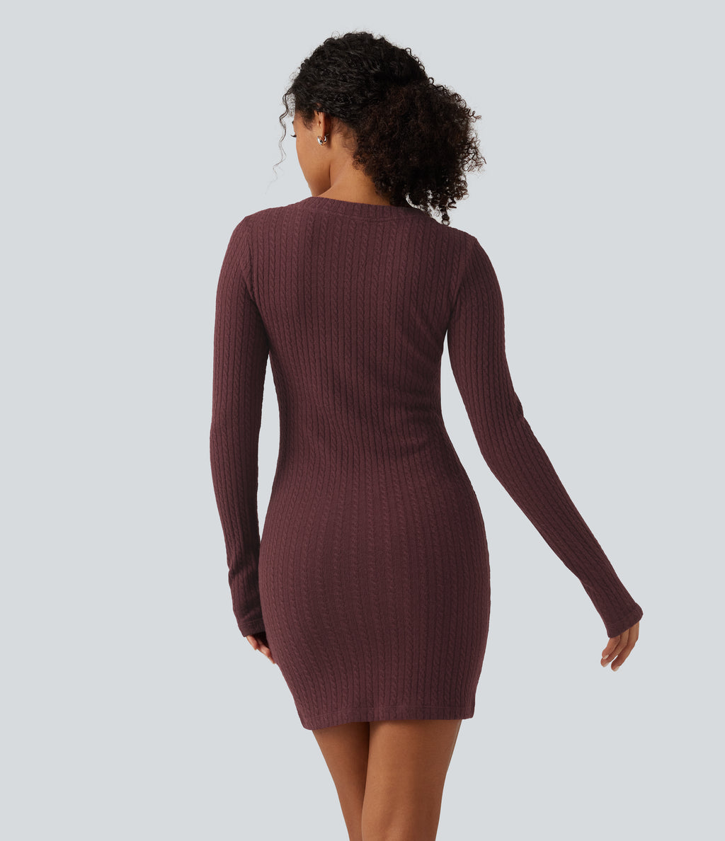 V Neck Long Sleeve Bodycon Mini Casual Dress — Muddled Berry — view 2