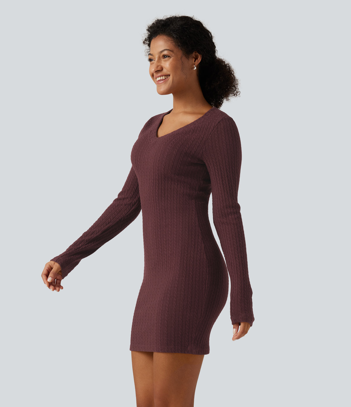 V Neck Long Sleeve Bodycon Mini Casual Dress — Muddled Berry — view 3