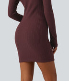 V Neck Long Sleeve Bodycon Mini Casual Dress — Muddled Berry — view 5