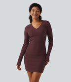 V Neck Long Sleeve Bodycon Mini Casual Dress — Muddled Berry — view 1