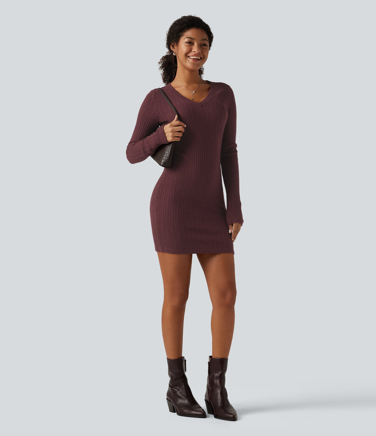 V Neck Long Sleeve Bodycon Mini Casual Dress — Muddled Berry — view 6