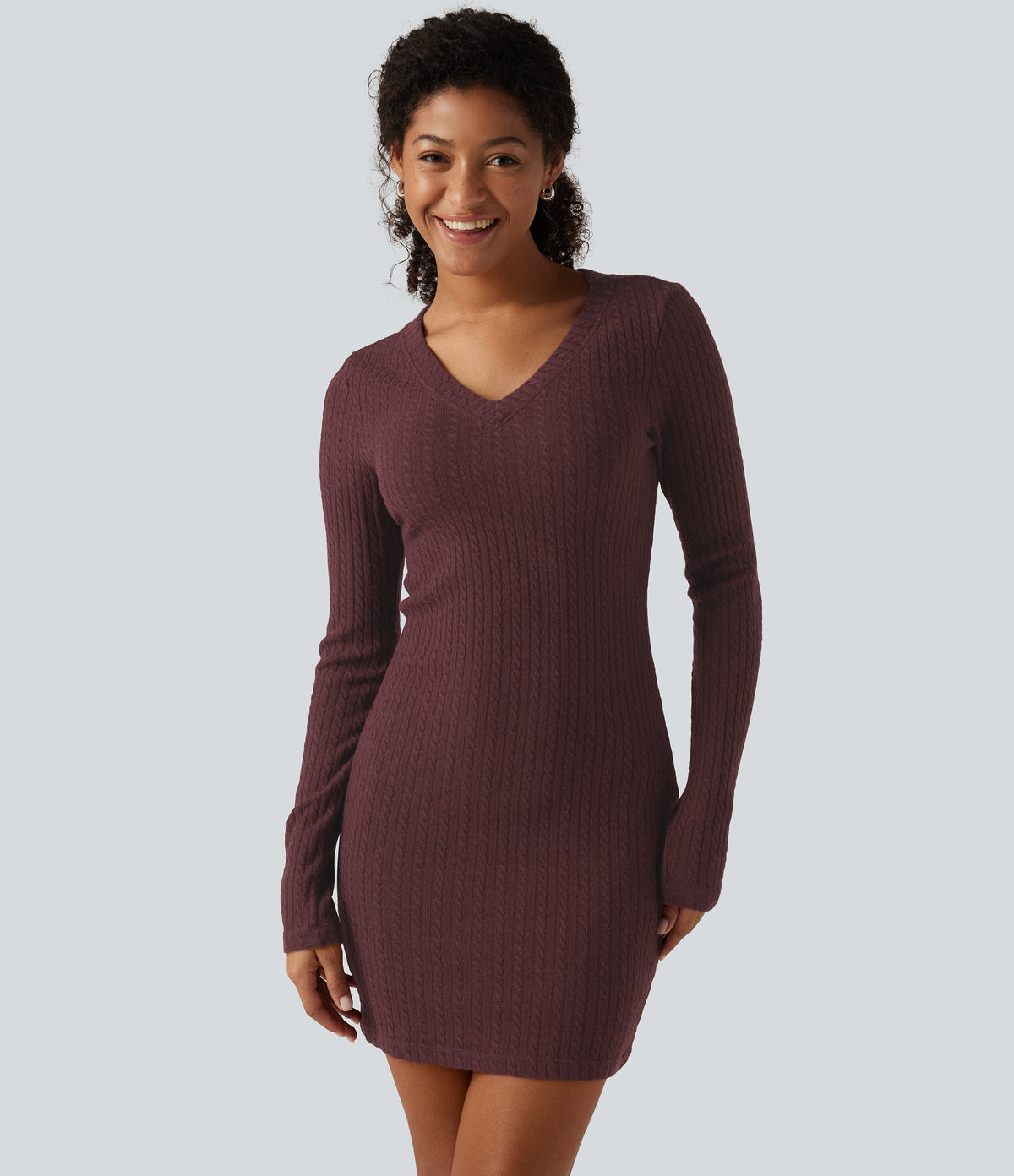 V Neck Long Sleeve Bodycon Mini Casual Dress — Muddled Berry — view 4