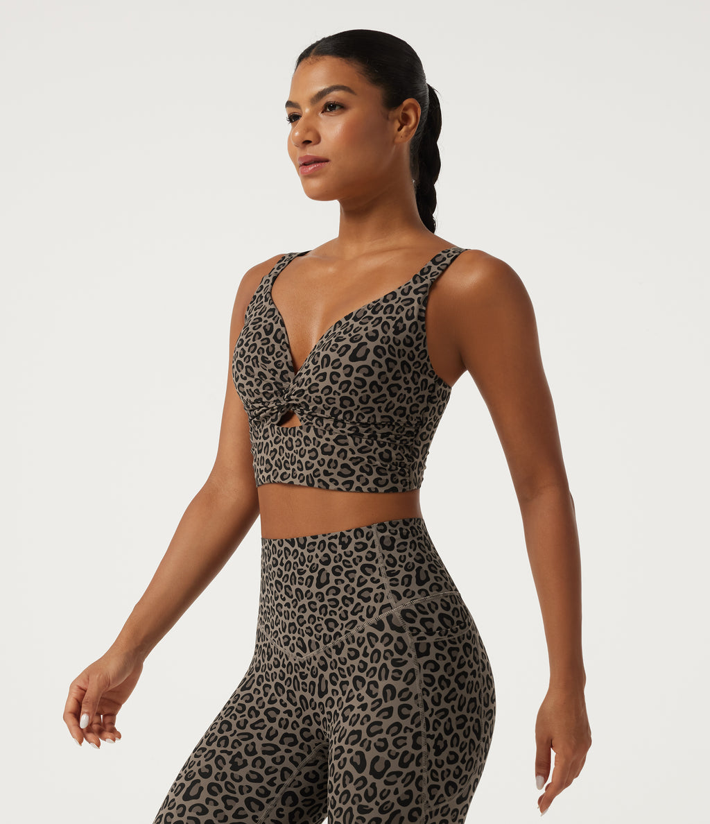 Leopard Print Light Support Molded Cups Push-Up Yoga Sports Bra — Desert Taupe Leopard — view 4