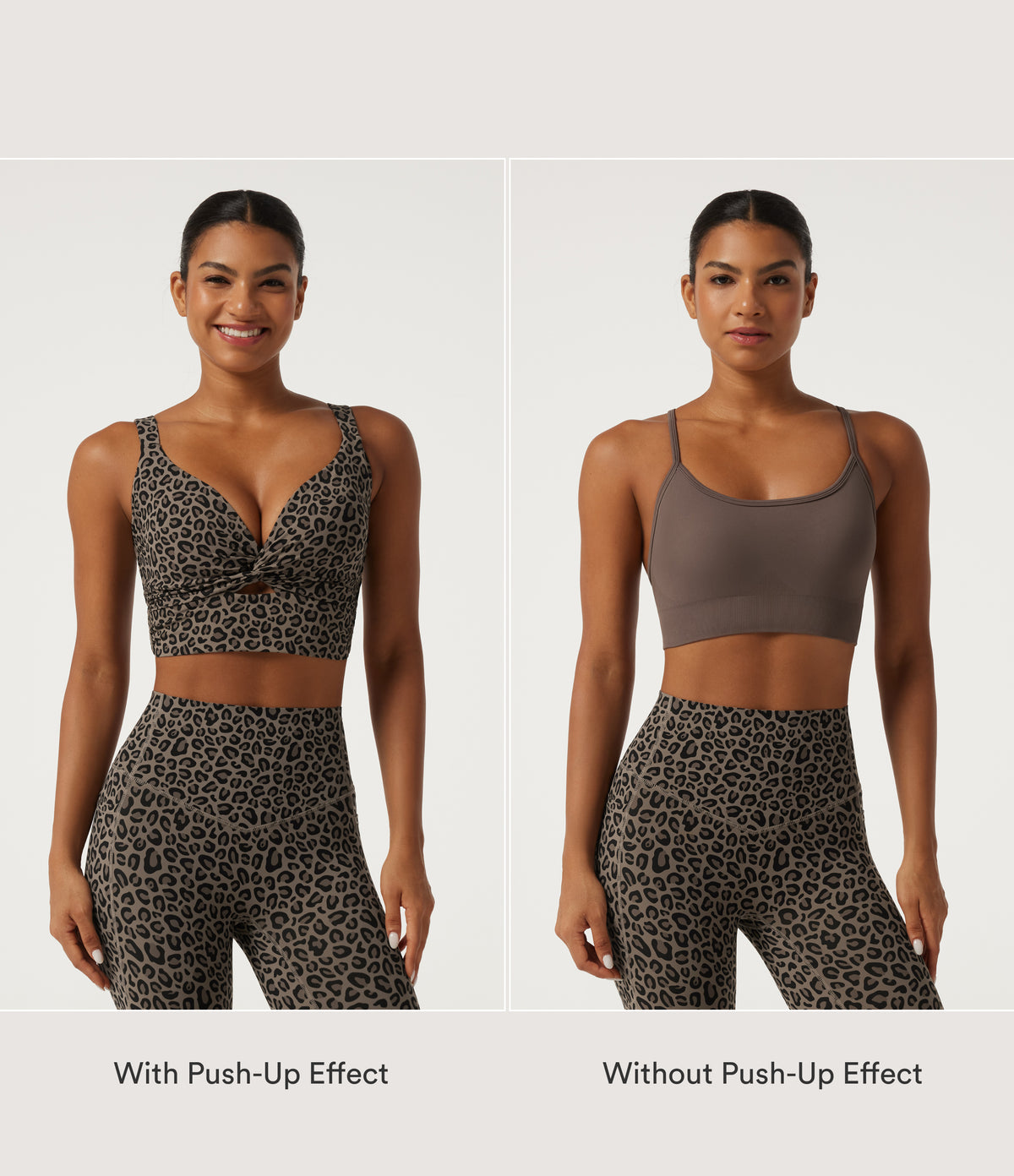 Leopard Print Light Support Molded Cups Push-Up Yoga Sports Bra — Desert Taupe Leopard — view 2