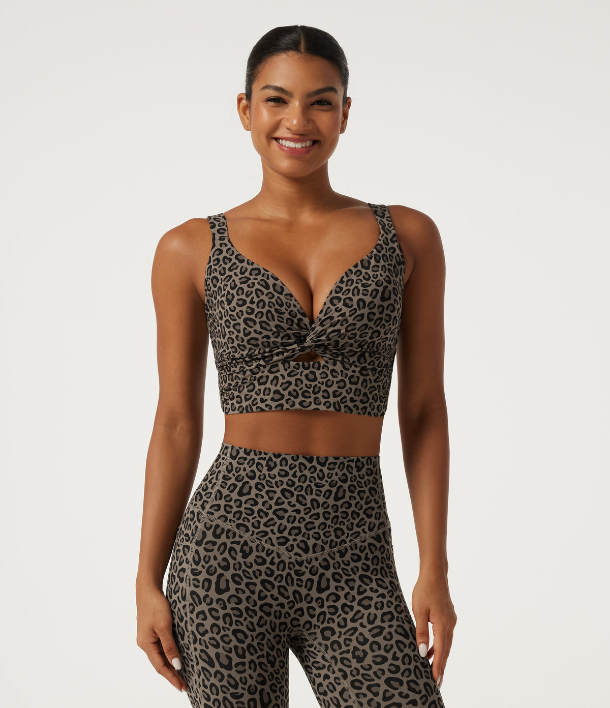 Leopard Print Light Support Molded Cups Push-Up Yoga Sports Bra — Desert Taupe Leopard — view 6