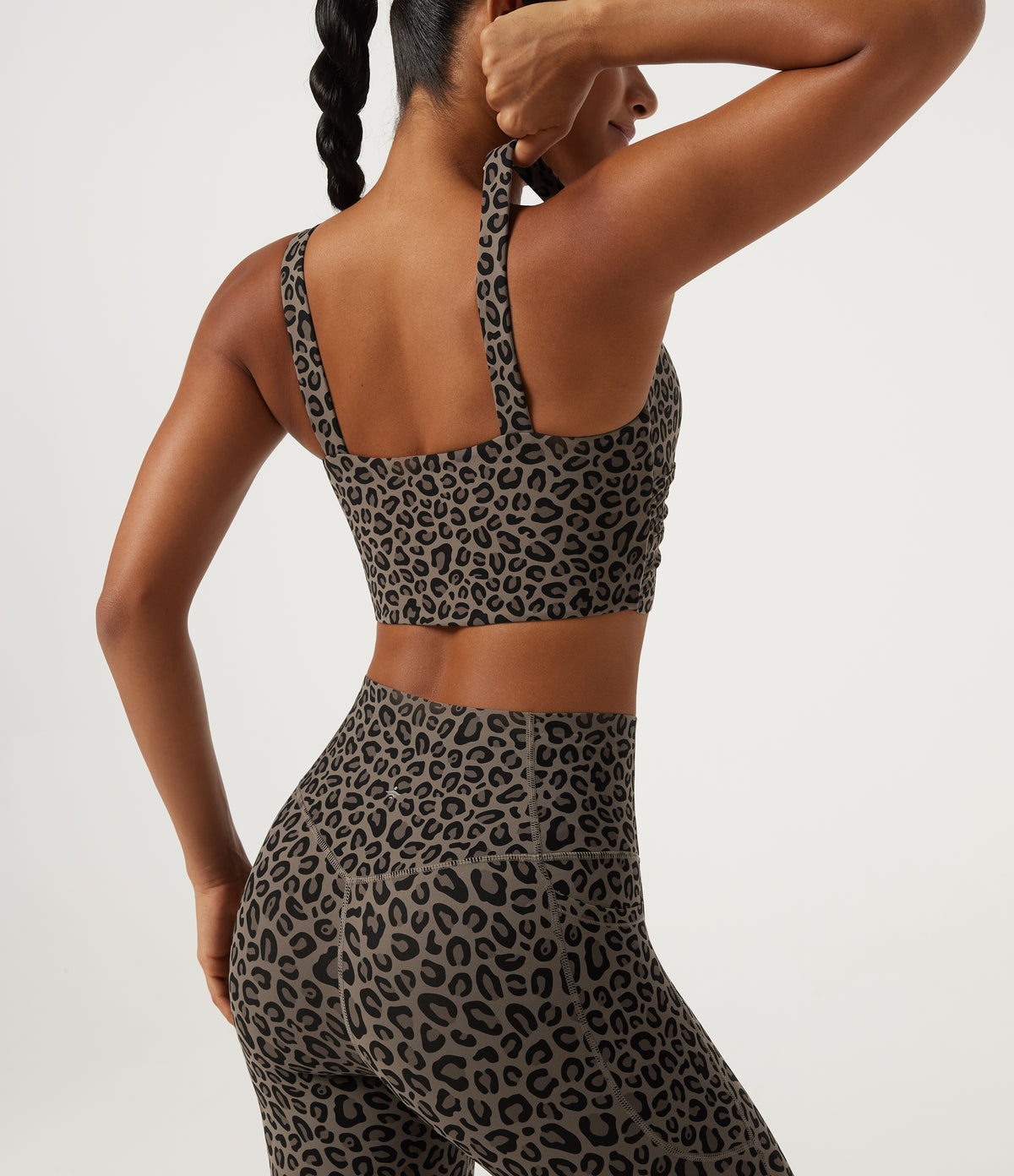Leopard Print Light Support Molded Cups Push-Up Yoga Sports Bra — Desert Taupe Leopard — view 3