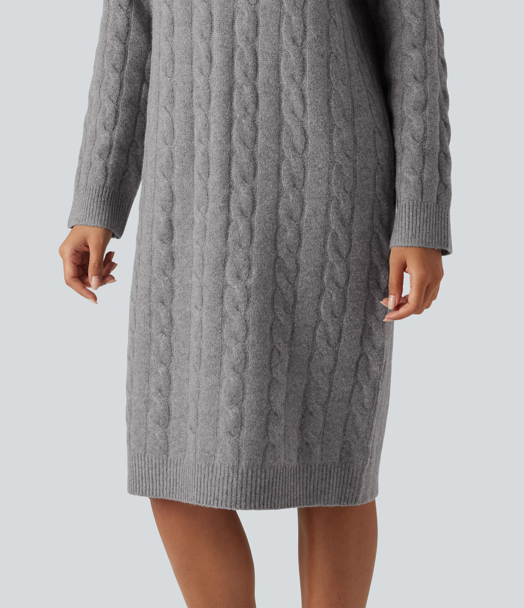 Round Neck Long Sleeve Midi Work Dress — Gull Gray — view 4