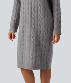 Round Neck Long Sleeve Midi Work Dress — Gull Gray — view 4