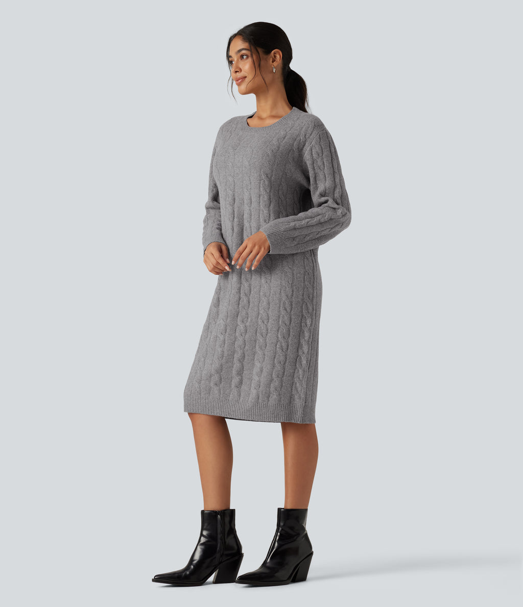 Round Neck Long Sleeve Midi Work Dress — Gull Gray — view 3
