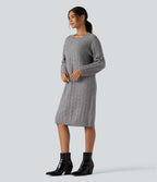 Round Neck Long Sleeve Midi Work Dress — Gull Gray — view 3