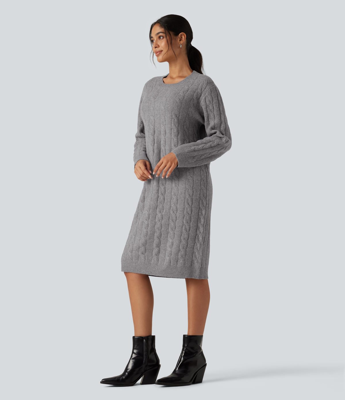 Round Neck Long Sleeve Midi Work Dress — Gull Gray — view 3